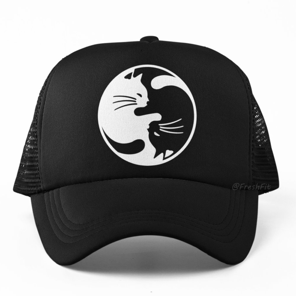 🆕Yin Yang Cats Black Foam Trucker Hat Mesh Snapback Cap
